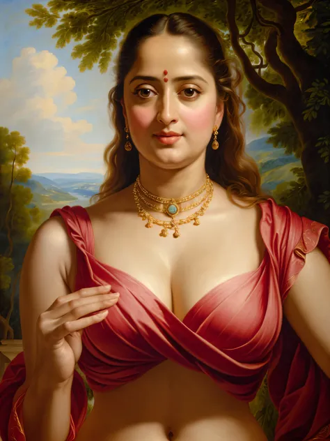 Looks like Anushka Shetty, (solo), middle aged woman, Masterpiece, Best quality, high clarity eyes, beautifully styled hair, curvy, sexy navel folds, feminine curve, motherly figure, critically flawless,sharp picture, Full portrait, High pixels, perfect fa...