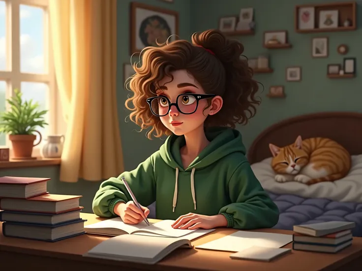 bedroom, curly hair girl with glasses wearing a green hoodie, studying at a desk with bed in background. sleeping cat