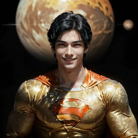 (((Realistic close-up of a young male superhero in front of a planet!!! he is 18 years old!!!  He is an almighty god !!  He is the most handsome man in the universe !!! He has a muscular body !!!  He has a perfect and smooth face !!!  Her eyes are Golden !...