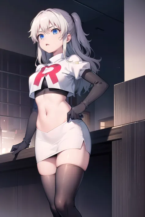 1girl,åå©å¥ç»ª,long hair,two side up,white hair,blue eyes,hair between eyes,
team rocket,team rocket uniform,white skirt,red letter R,crop top,black thigh-highs,black elbow gloves,, (masterpiece:1,2), best quality, masterpiece, highres, original, extre...