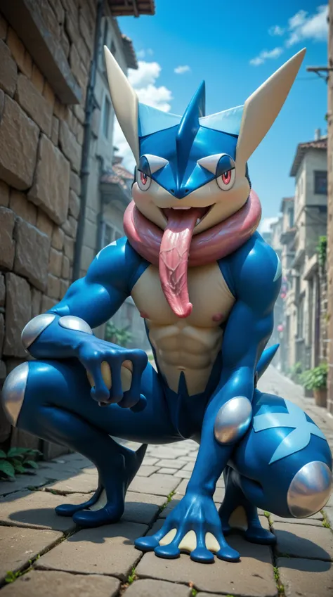 (   masterpiece,    best quality:1.2),alone,greninja male  (pokemon),pokemon (creature),   full body,     there are no humans,   extended arms   ,    long tongue,    blue skin   ,    pants looking at the viewer ,blue sky,  crouching posture  ,  open legs, ...