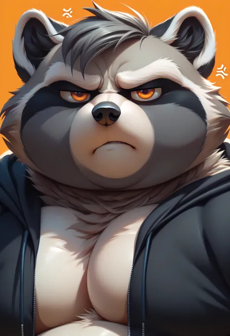 overweight raccoon, (((raccoon))), procyonid, furry, (morbidly obese, fat, excess fat), ((gray fur)), (big eyes, orange eyes), male, long snout, wide snout, black nose, (((focus on face))), ((massively fat)), ((massively fat pecs, bulging pecs)), ((extreme...