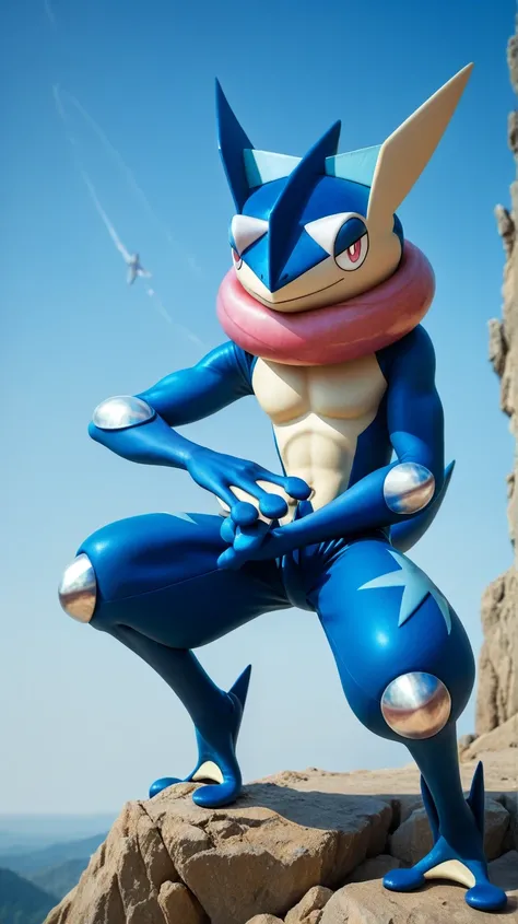 (   masterpiece,    best quality:1.2),alone,greninja male  (pokemon),pokemon (creature),   full body,     there are no humans,   extended arms  ,    blue skin   ,    pants looking at the viewer ,blue sky,  postura desde abajo ,  open legs, husky, beefy, sa...