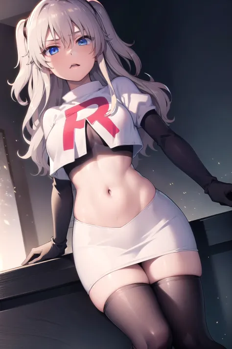 1girl,åå©å¥ç»ª,long hair,two side up,white hair,blue eyes,hair between eyes,
team rocket,team rocket uniform,white skirt,red letter R,crop top,black thigh-highs,black elbow gloves,, (masterpiece:1,2), best quality, masterpiece, highres, original, extre...