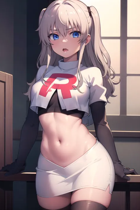1girl,åå©å¥ç»ª,long hair,two side up,white hair,blue eyes,hair between eyes,
team rocket,team rocket uniform,white skirt,red letter R,crop top,black thigh-highs,black elbow gloves,, (masterpiece:1,2), best quality, masterpiece, highres, original, extre...