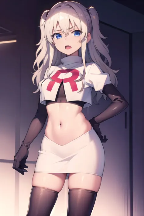 1girl,åå©å¥ç»ª,long hair,two side up,white hair,blue eyes,hair between eyes,
team rocket,team rocket uniform,white skirt,red letter R,crop top,black thigh-highs,black elbow gloves,, (masterpiece:1,2), best quality, masterpiece, highres, original, extre...