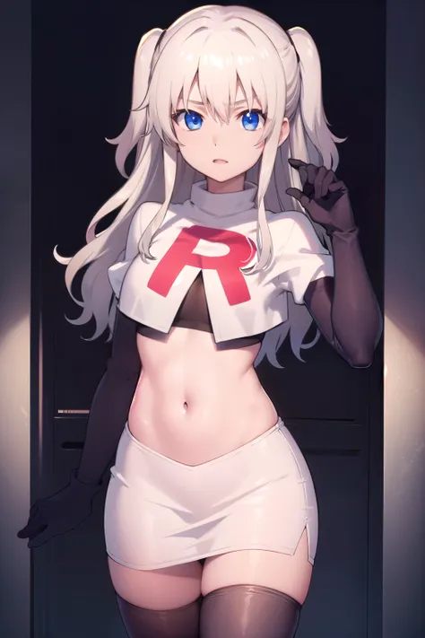1girl,åå©å¥ç»ª,long hair,two side up,white hair,blue eyes,hair between eyes,
team rocket,team rocket uniform,white skirt,red letter R,crop top,black thigh-highs,black elbow gloves,, (masterpiece:1,2), best quality, masterpiece, highres, original, extre...