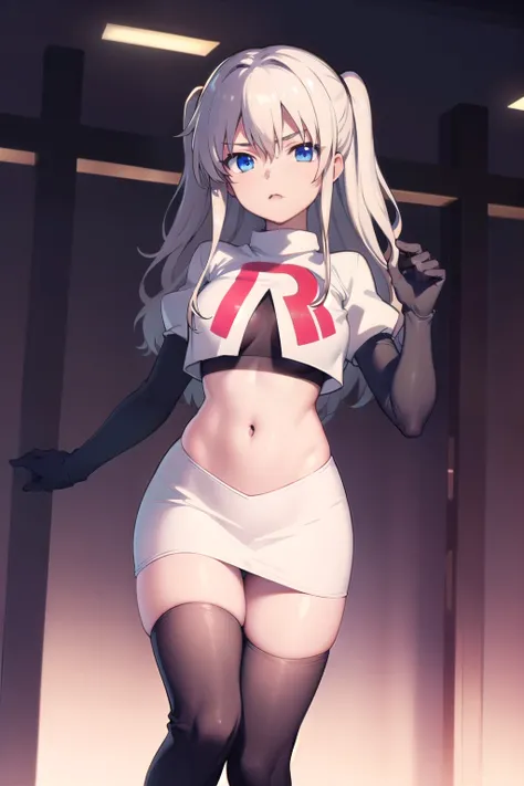 1girl,åå©å¥ç»ª,long hair,two side up,white hair,blue eyes,hair between eyes,
team rocket,team rocket uniform,white skirt,red letter R,crop top,black thigh-highs,black elbow gloves,, (masterpiece:1,2), best quality, masterpiece, highres, original, extre...