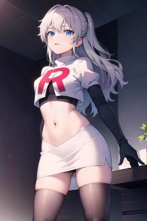 1girl,åå©å¥ç»ª,long hair,two side up,white hair,blue eyes,hair between eyes,
team rocket,team rocket uniform,white skirt,red letter R,crop top,black thigh-highs,black elbow gloves,, (masterpiece:1,2), best quality, masterpiece, highres, original, extre...