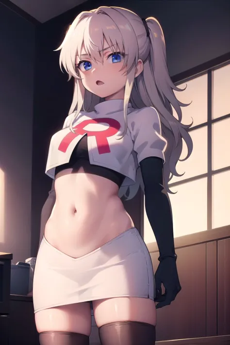 1girl,åå©å¥ç»ª,long hair,two side up,white hair,blue eyes,hair between eyes,
team rocket,team rocket uniform,white skirt,red letter R,crop top,black thigh-highs,black elbow gloves,, (masterpiece:1,2), best quality, masterpiece, highres, original, extre...