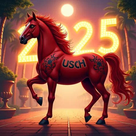 Congratulations on the New Year 2025, a red horse in the middle of his body and a tattoo that says USCH, the horse is strong and luxurious, size Instagram post