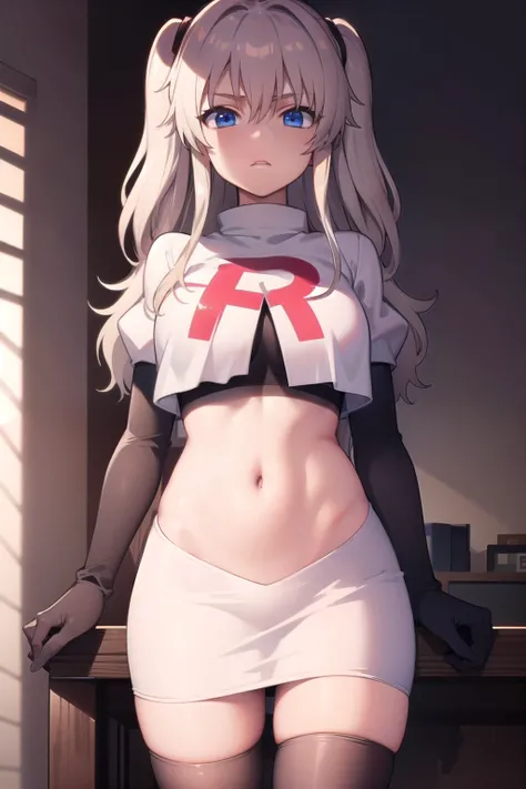 1girl,åå©å¥ç»ª,long hair,two side up,white hair,blue eyes,hair between eyes,
team rocket,team rocket uniform,white skirt,red letter R,crop top,black thigh-highs,black elbow gloves,, (masterpiece:1,2), best quality, masterpiece, highres, original, extre...