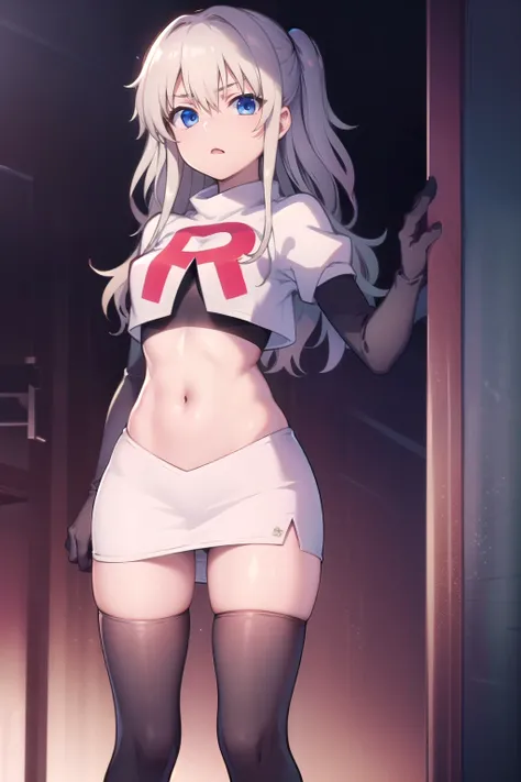 1girl,åå©å¥ç»ª,long hair,two side up,white hair,blue eyes,hair between eyes,
team rocket,team rocket uniform,white skirt,red letter R,crop top,black thigh-highs,black elbow gloves,, (masterpiece:1,2), best quality, masterpiece, highres, original, extre...