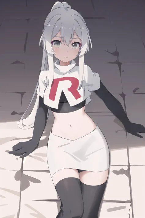 1girl, masterpiece, best quality, best quality, (Intricate detailed:1.2), light gray hair, light gray eyes, dual long ponytail, team rocket,team rocket uniform,white skirt,red letter R,crop top,black thigh-highs,black elbow gloves