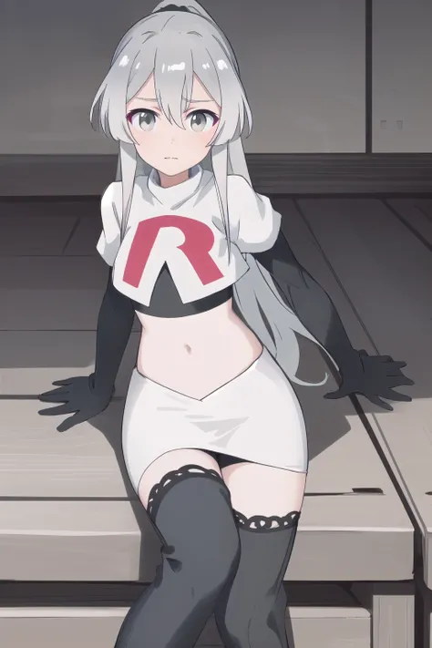 1girl, masterpiece, best quality, best quality, (Intricate detailed:1.2), light gray hair, light gray eyes, dual long ponytail, team rocket,team rocket uniform,white skirt,red letter R,crop top,black thigh-highs,black elbow gloves