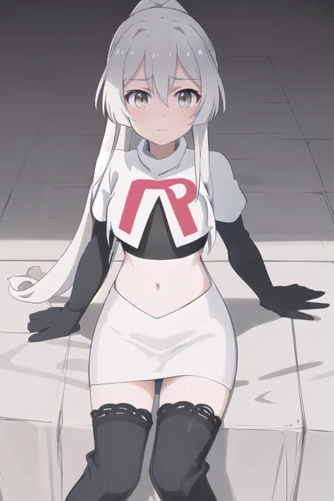 1girl, masterpiece, best quality, best quality, (Intricate detailed:1.2), light gray hair, light gray eyes, dual long ponytail, team rocket,team rocket uniform,white skirt,red letter R,crop top,black thigh-highs,black elbow gloves