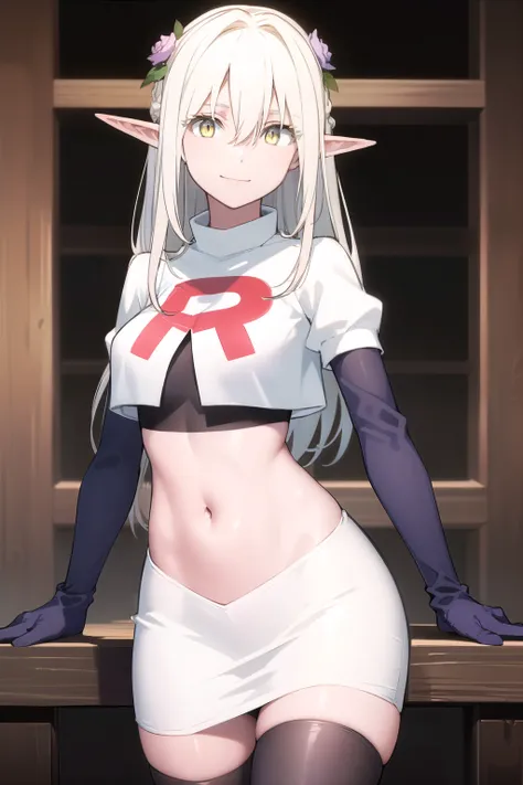 forestprincess, forest princess, long hair, hair ornament, hair between eyes, (yellow eyes:1.3), white hair, flowers, pointy ears, hair flower, rose, hair intakes, elf, smile,
BREAK team rocket,team rocket uniform,white skirt,red letter R,crop top,black th...