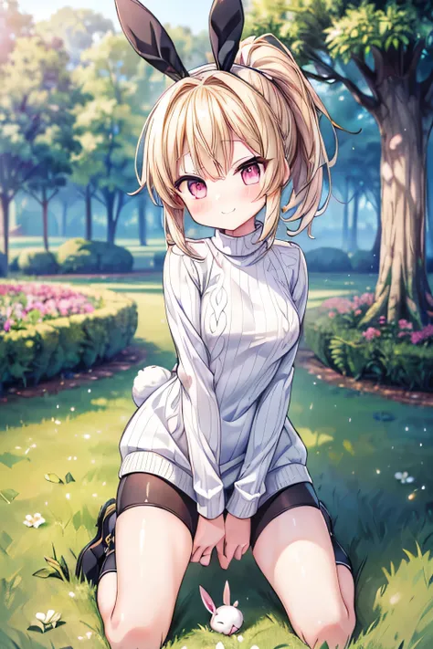 (extremely detailed, 8K resolution, with sharp focus, masterpiece, best quality, Moe Art style, safe for work:1.3), 1 cute white rabbit lady, slender full body, (sweater dress, black bike shorts under dress), blond short ponytail hair with rabbit ear, knee...