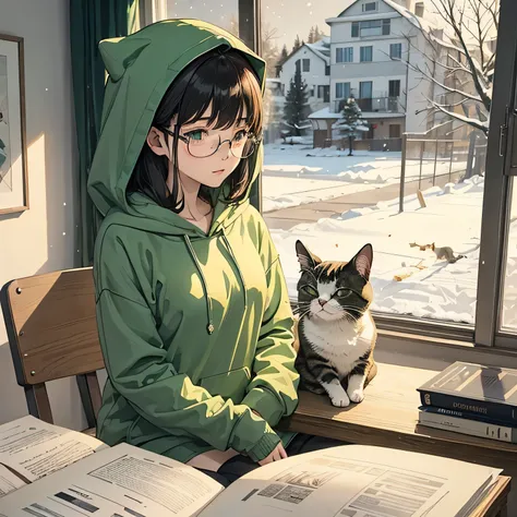 girl studying in her room wearing glasses and a green hoodie while it is snowing out side. sleeping cat in window