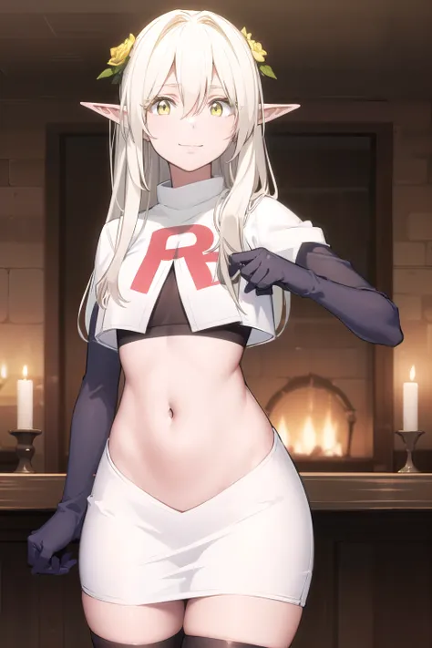 forestprincess, forest princess, long hair, hair ornament, hair between eyes, (yellow eyes:1.3), white hair, flowers, pointy ears, hair flower, rose, hair intakes, elf, smile,
BREAK team rocket,team rocket uniform,white skirt,red letter R,crop top,black th...