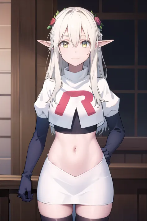 forestprincess, forest princess, long hair, hair ornament, hair between eyes, (yellow eyes:1.3), white hair, flowers, pointy ears, hair flower, rose, hair intakes, elf, smile,
BREAK team rocket,team rocket uniform,white skirt,red letter R,crop top,black th...