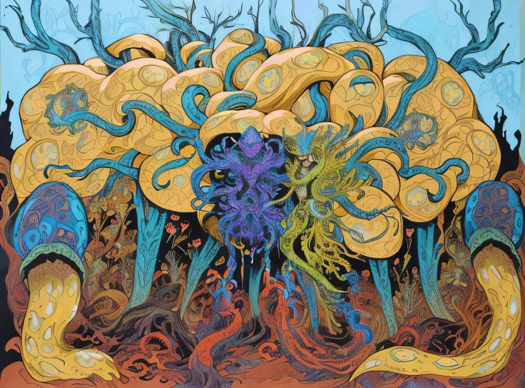 painting of a monster with a large head and a snake in the background, fungal god, inspired by Gary Panter, hylics artwork, overgrown with funghi, colored ink drawing, alien flora and fauna, hyperbeast design, gouache and ink, hastur the king in yellow, ov...