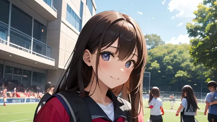  One Girl , beautiful teenage girls 、 College Student 、Sports Festival、非常にクールでHero&#39;s、 Running、1 Girl、 brown hair 、 long hair、 detailed face 、 beautiful detailed eyes、 Beautiful Detailed Lips 、 highly detailed eyes and face、 long eyelashes、 dynamic pose...