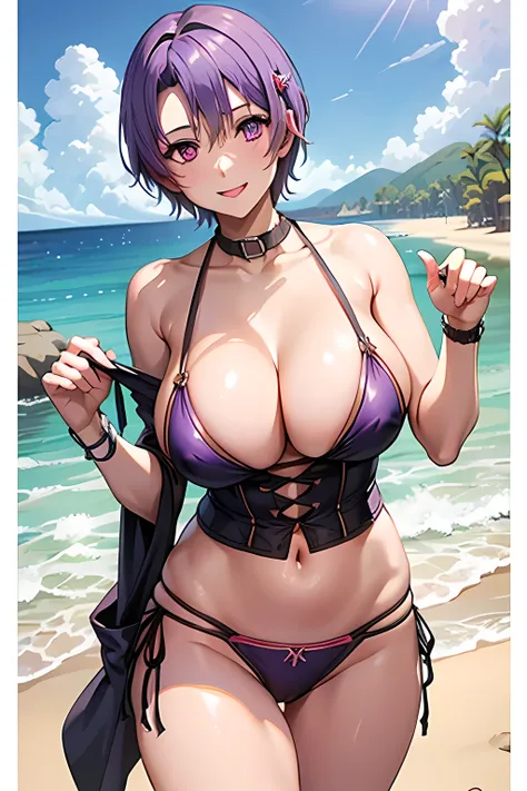 1girl, masterpiece, mischievous smile, light blush, looking at viewer, sexy pose, huge breasts, kloe rinz, purple hair, short hair, hairclip, dark blue micro bikini, detailed beach in the background, running, (loin cloth: 1.2)