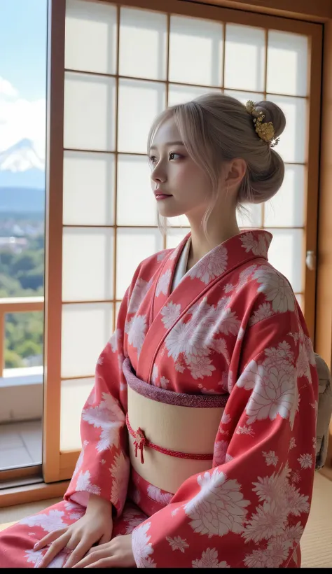 ( best quality), ((masterpiece)),(One girl),  Ultra Fine, 8k ，smile，（Slightly blue eyes）， Silver Hair， is wearing a kimono ， with her hair raised in Japanese style ，大きな襖から１ Mt. Fuji can be seen from a large sliding door ，A slim and beautiful neck， holding ...