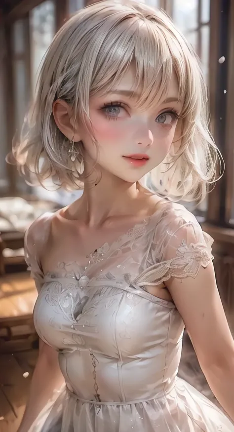 realistic, photorealistic:1.37, highres, ultra-quality, 32k, cute little young girl, kawaii, loli-face, beautifully detailed (eyes, longeyelash, lips, navel, thigh), thin delicate hair, through bangs, hime-cut, tareme, bewitching smile, half-open mouth, he...