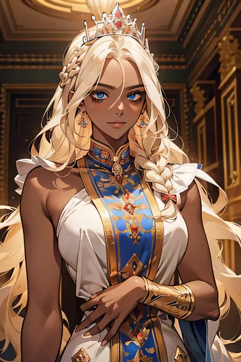 one person　Queen　young　Super beauty　crown　Blonde　 provocative smile 　blue eyes　braid　( dark skin)  Queen costume　 anatomically accurate depiction 　 indoor　Under the gallery of the luxurious Nana Palace　night　 cinematic lighting 