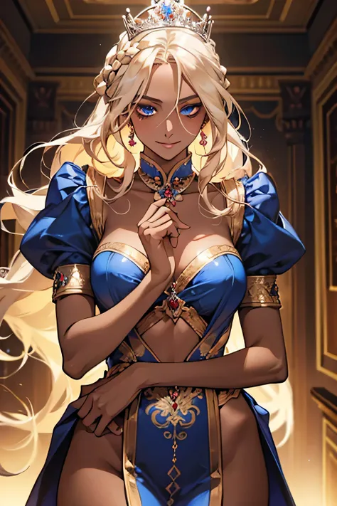 one person　Queen　young　Super beauty　crown　Blonde　 provocative smile 　blue eyes　braid　( dark skin)  Queen costume　 anatomically accurate depiction 　 indoor　Under the gallery of the luxurious Nana Palace　night　 cinematic lighting 