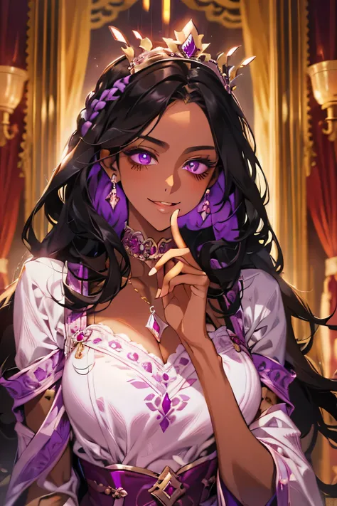 one person　Queen　young　Super beauty　crown　 black hair　 provocative smile 　 purple eyes　braid　( dark skin) Queen costume　 indoor　Under the gallery of the luxurious Nana Palace　night　 cinematic lighting 