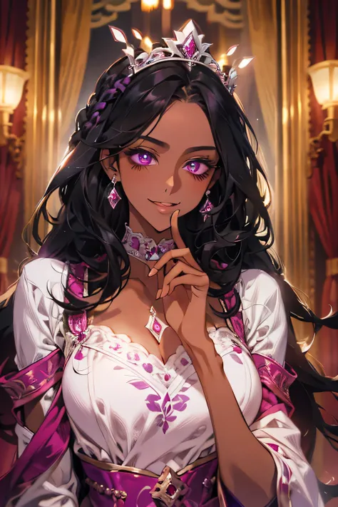 one person　Queen　young　Super beauty　crown　 black hair　 provocative smile 　 purple eyes　braid　( dark skin) Queen costume　 indoor　Under the gallery of the luxurious Nana Palace　night　 cinematic lighting 