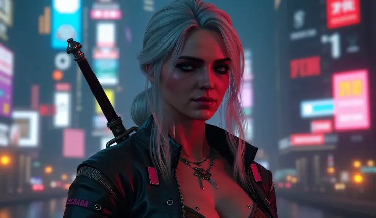 realistic photo, Ciri from The Witcher 3 smiles slyly , very high (the giantess), long strong legs , Big breasts , sexy cyberpunk clothes , athletic build, two swords behind , full-length photo , looks into the distance at Nightcity with cyberpunk 207...