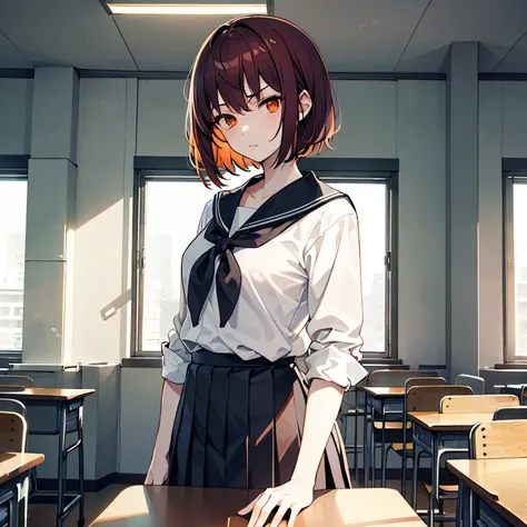 Draw me an image of a girl with a very handsome face, short dark red hair, dark orange eyes, and wearing a Japanese school uniform, in the classroom, have sharp eyes, stern face, tomboy, masculine traits, she is a tall girl. In 4k, high pixel, smooth graph...