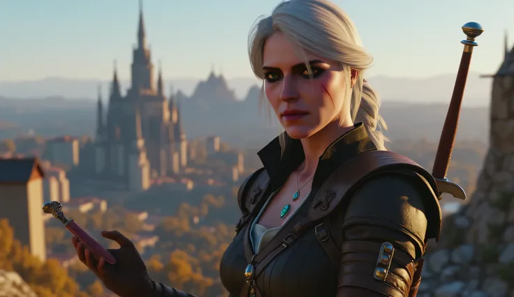 realistic photo, Ciri from The Witcher 3 smiles slyly , very high (the giantess), long strong legs , big breasts , sexy cyber punk clothes , athletic build , two swords behind , full-length photo , holds miniature Geralt...