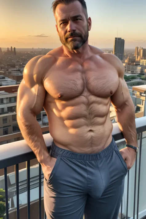 A middle-aged man with a strong, hairy chest and toned arms leans on the balcony railing, shirtless in loose linen pants. The golden sunset casts a glow over his muscular frame as he watches the city below in quiet contemplation. big bulge