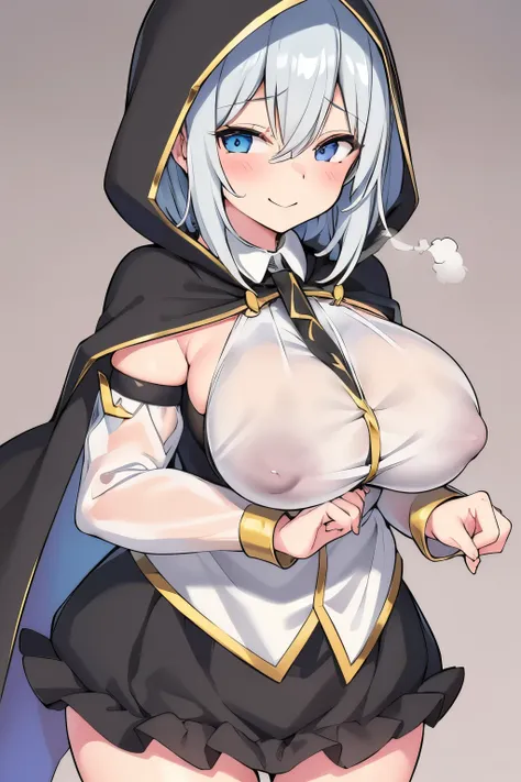 ((The best画質、The best、 1 girl、Detailed drawing))、
Gray Hair、 short hair while on a business trip、
 big breasts、Big Breasts、
 light blue eyes、smile、 laughs、
(arsalmal, black hood, hood up, hooded cape, cape),
(skirt, black skirt, detached sleeves, white shi...