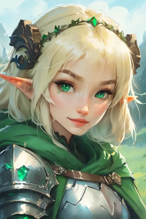 a close up of a person wearing a green cape and a green cape, elf girl, crisp clear rpg portrait, elven character with smirk, shadowverse style, alluring elf princess knight, a blonde emerald warrior, a portrait of an elf, elf princess knight, portrait of ...