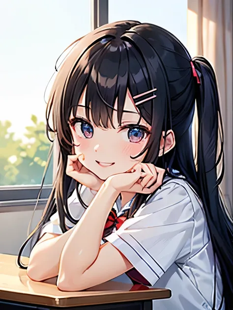  high resolution,  best quality , ​masterpiece,  ultra quality ,  more details,   cinematic lighting、High school girl bust up、I have hairpins attached to my hair、smile、 school classroom、I have a cheek stick on my desk、