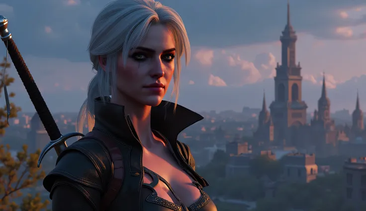 realistic photo, Ciri from The Witcher 3 smiles slyly , very high (the giantess), long strong legs , big breasts , sexy cyberpunk clothes , athletic figure , two swords behind , full-length photo , Far away is the city of nightcity w...