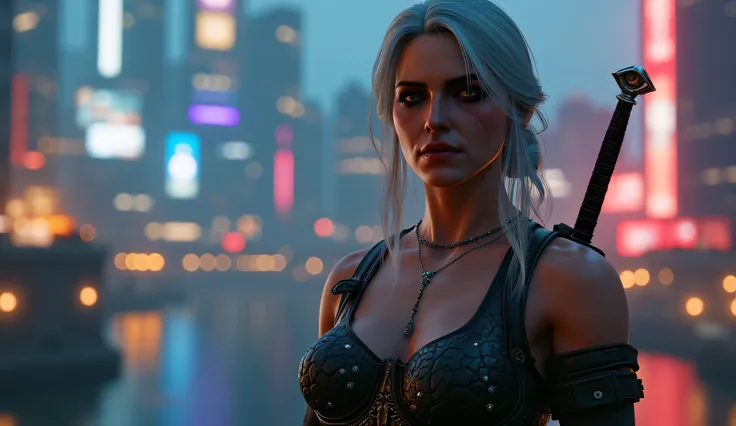 realistic photo, Ciri from The Witcher 3 smiles slyly , very high (the giantess), long strong legs , big breasts , sexy cyberpunk clothes , athletic figure , two swords behind , full-length photo , Far away is the city of nightcity w...