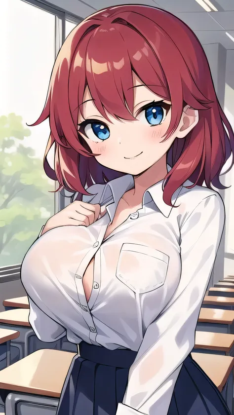 Big breasts, red hair, blue eyes, droopy eyes, red jacket, long sleeves, navy skirt, elementary school student, (super big breasts:1.1), (medium hair: 1), baggy clothes, elementary school student, young face, short height, , old, shy Agari, smiling a littl...