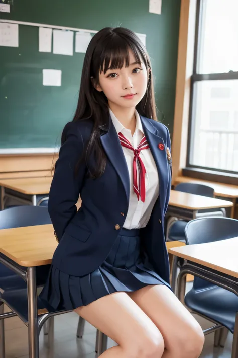 nsfw,(( best quality )), ((Masterpiece)), (  Details),Accentuate your legs, in the classroom, 1 Taiwanese dark-haired girl,uniform, navy blue pleated mini skirt , navy blue blazer, red student ribbon , beautiful feet, white skin