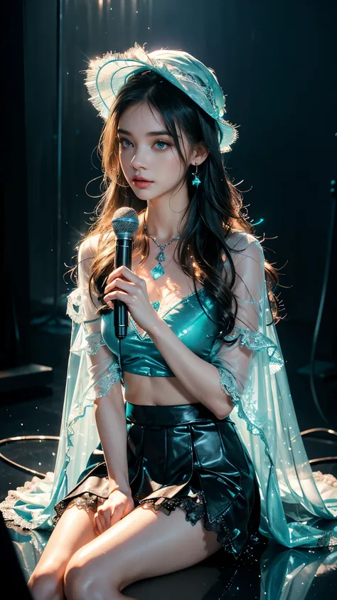 Top quality, masterpiece, ultra high definition, Original photo, 1 Girl, ((mesh shirt)), cinematic lighting, very long hair, detailed eyes, wind, necklace, earring, ((rockstar mini skirt)), ((mesh clothing)), ((teal clothing)), ((soft lace)), ((wavy cape))...