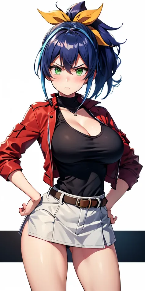 1 Female,High definition,high resolution,Ultra-realistic,8K,aaserena, yellow ponytail, ((multicolored hair)),green eyes, red jacket, black shirt, belt, (white skirt), tight skirt,(( miniskirt )),standing, solo, large_breasts, standing, masterpiece, best qu...