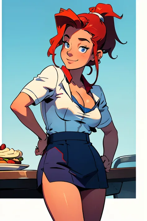 masterpiece, best quality, front view, half body, highest image quality, woman, looks like Olivia Dunne, bright red hair, ponytail, blue eyes, (large breasts:1.4), diner waitress uniform, White background, empty background, ready to take an order, small sm...