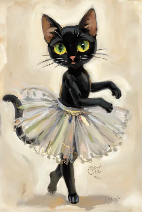 A painting of a black cat with green yellow eyes in a classical dance tutu. Je veux que le chat soit petit et pas trop réaliste