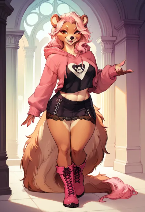 conceptual anthro fantasy anime style, a beautiful (anthro white bear woman), long twintail hair, furry ears, beautiful furry body, fur on all limbs, curvy, (short pink hooded sweater), transparent black t-shirt, sexy belly, (short skirt pink and black), l...